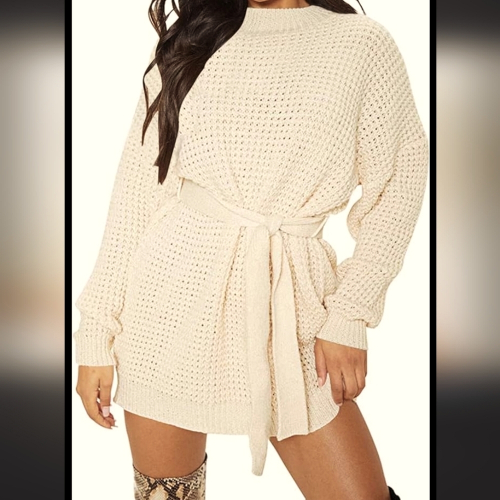 Long Sleeve Waffle Knit Sweater Dress Tie Waist Pullover Tunic Sweater